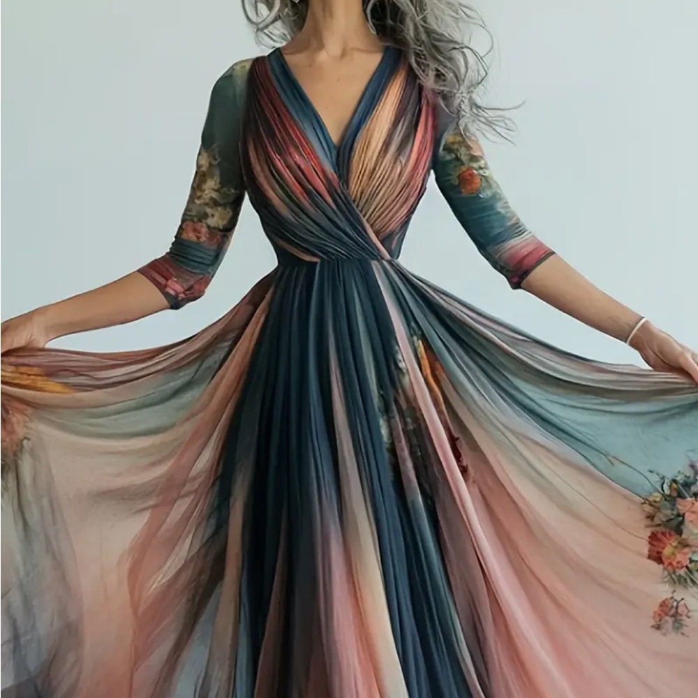 Bohemian V-Neck Long-Sleeve Chiffon Maxi Dress in Multicolor Ombre